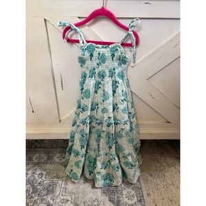 SweetHoney Beach Maxi Dress Girls 3T Teal Floral Smocked Tiered Cotton Boho